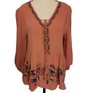 Blue Rain V-Neck 3/4 Sleeve Embroidered Boho Clay Pink Blouse - Sz M